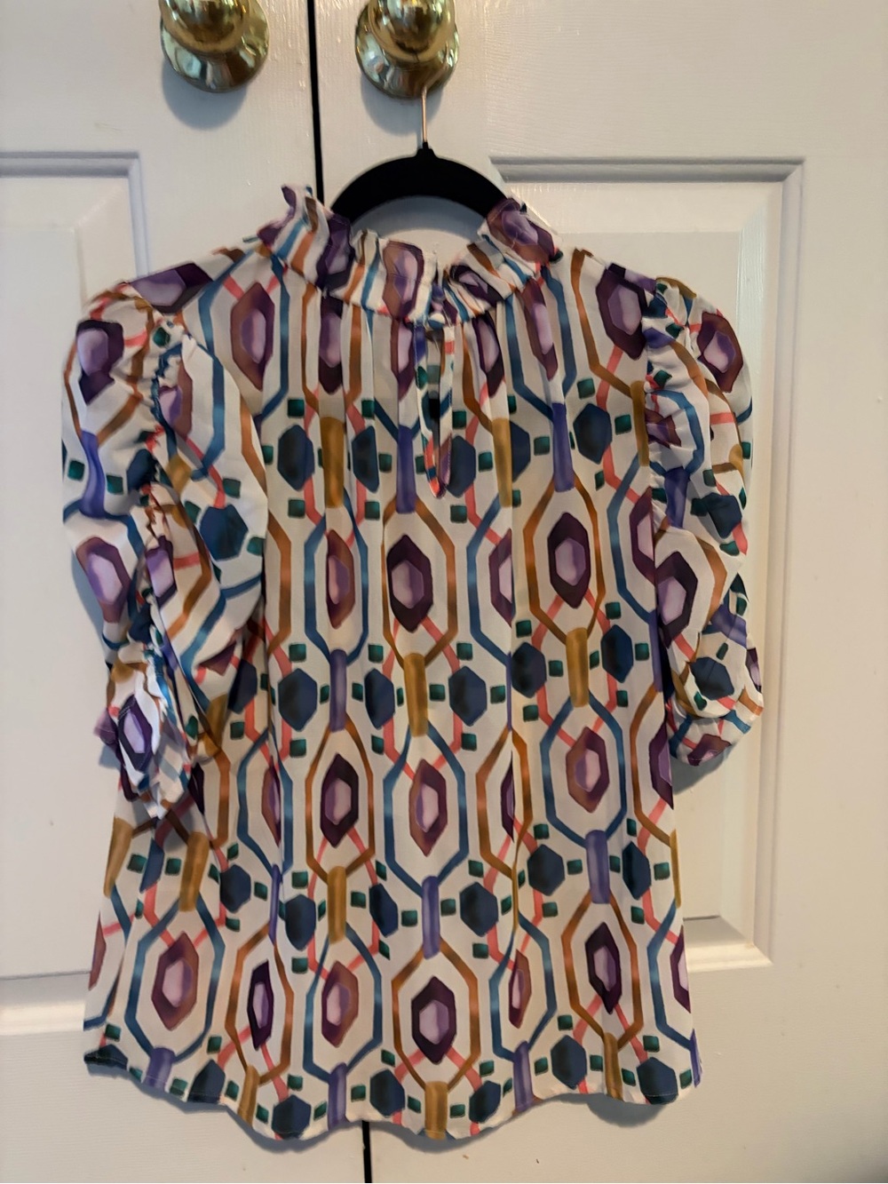 THML Geometric Ruffle Neck Blouse - Purple, Gold, Teal - Picture 5 of 7
